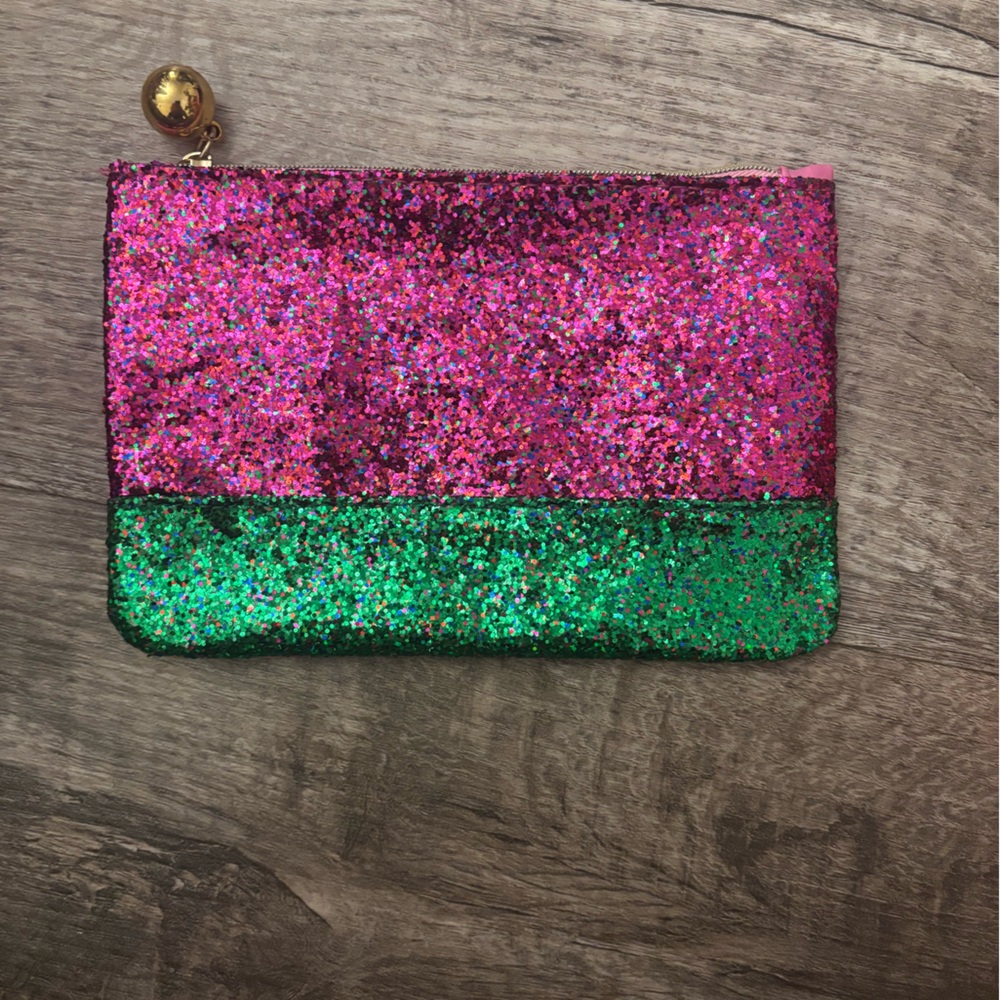 ipsy Green and Pink Glitter Cosmetic Bag